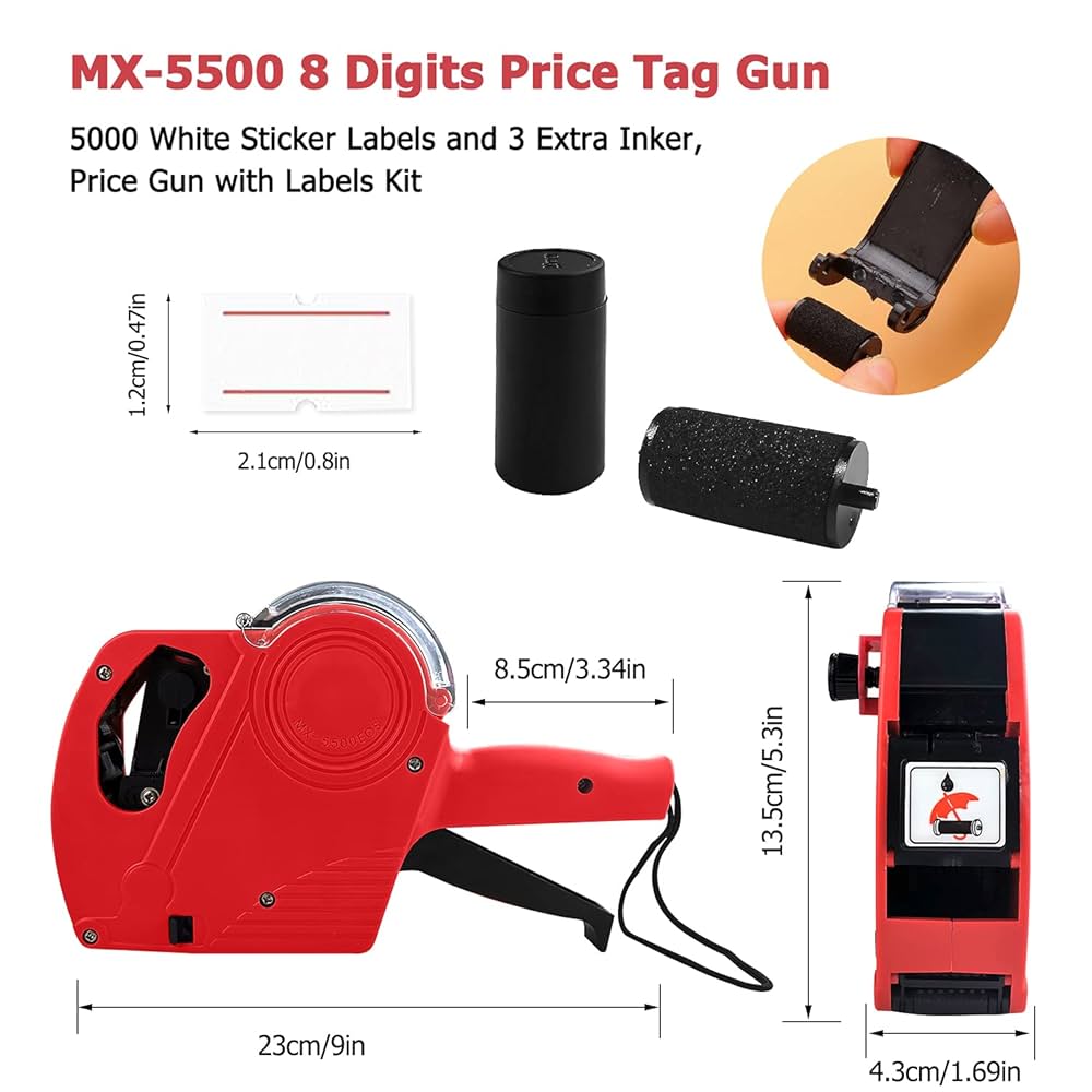 Pricing Tag Gun | 8-Digit Label Gun with 5150 White Stickers & Extra Inkers Efficient, Accurate, and Ready for Your Retail Needs.